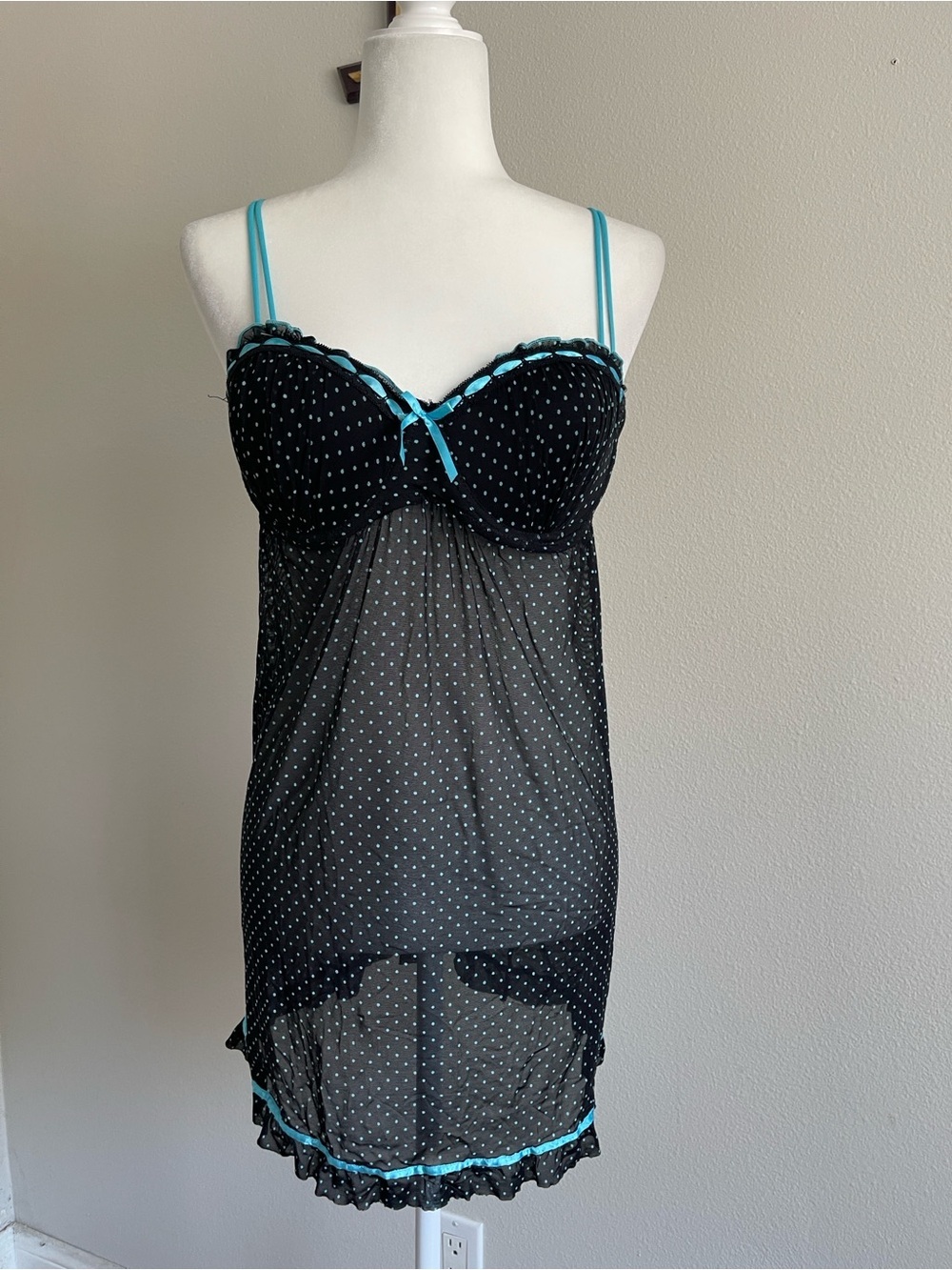 Black Sheer Polka Dot Chemise with Aqua Accents